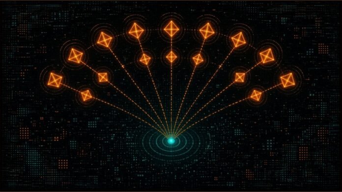 Illustration of an arc of small amber satellite nodes sending navigation signal lines down to a single cyan receiver point