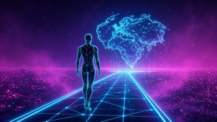 Symbol-only illustration of a faceless humanoid robot in glowing cyan wireframe walking a neon path toward a glowing network map of Europe.