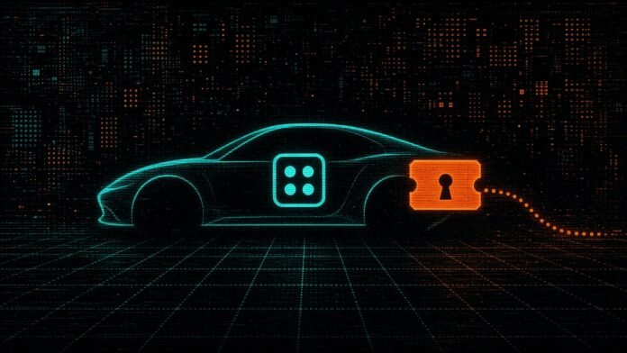 Symbol-only illustration of a car outline with a chip glyph and a keyhole ticket stub beside it, with a dotted route fading away.