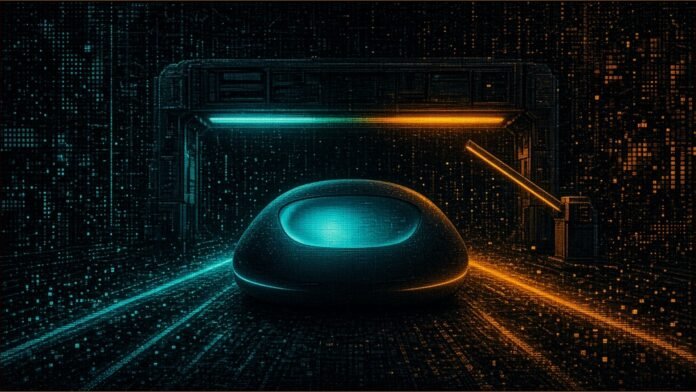 XPENG YOYO Wins Guangzhou L4 Robotaxi Approval | TSN Illustration of a smooth generic driverless vehicle with an empty glowing cabin under a gantry as a barrier arm lifts onto a road of light lines