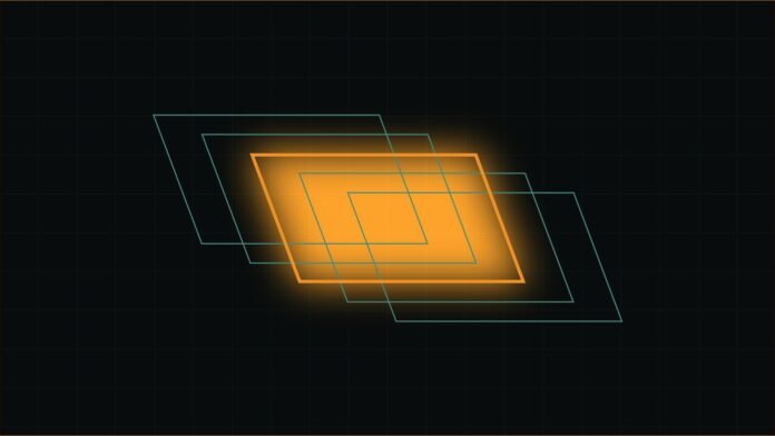 Illustration of offset teal outlined parallelograms with one glowing amber plane in the middle.