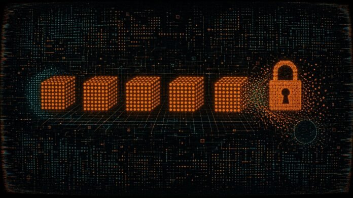 A row of glowing dotted blocks with the last spilling over its edge, beside a padlock snapping shut and a dissolving coin outline.