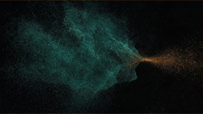 Illustration of Yakult data breach concept in teal and amber: a dense teal cloud of particles with a thin stream of amber particles leaking out of one side.