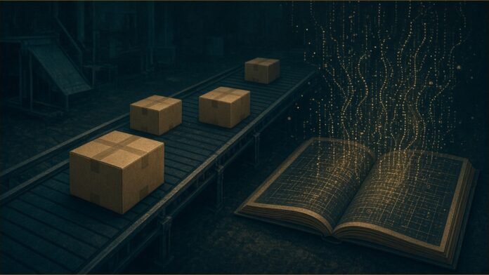 Parcels on a dim conveyor beside an open ledger leaking streams of data.
