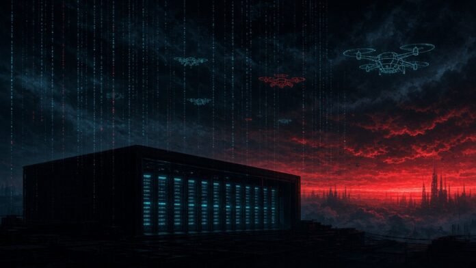 Data-centre silhouette under a red sky with wireframe drones