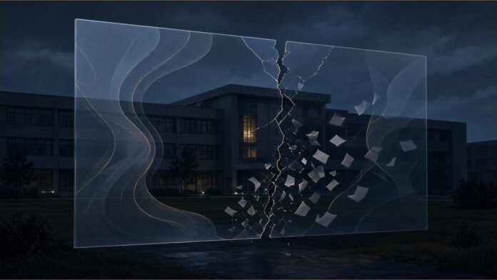 Illustration of a cracked translucent login panel in front of a campus building at night, with small blank record cards spilling from the crack