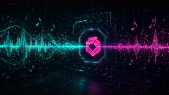 YouTube Music Adds Labels to Songs Made Mainly With AI Glowing music player progress bar with a waveform, a small hexagonal badge of light pinned above it