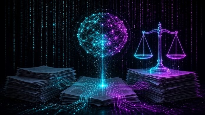 Glowing neural network above legal documents and a scale of light
