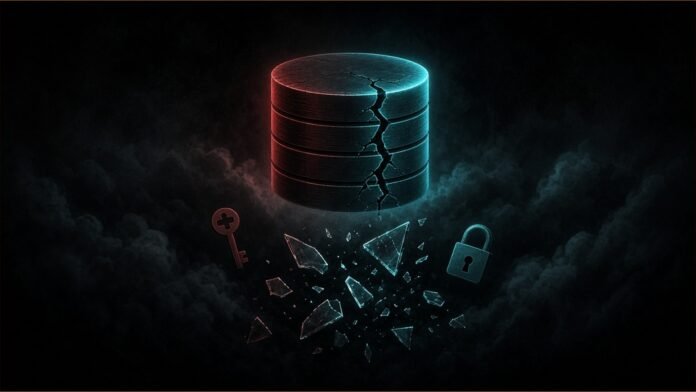 Illustration of a cracked database cylinder spilling keys, a padlock and glass shards.