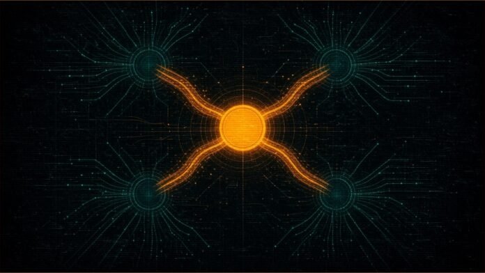 zerohash Makes OUSD Live Across Its Network | TSN Illustration of a glowing token at the centre of a hub, with conduits running out to four network nodes