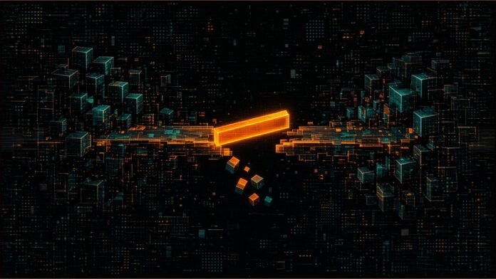 A glowing data bridge with its centre span locked open by an amber barrier, loose blocks falling into the dark below.
