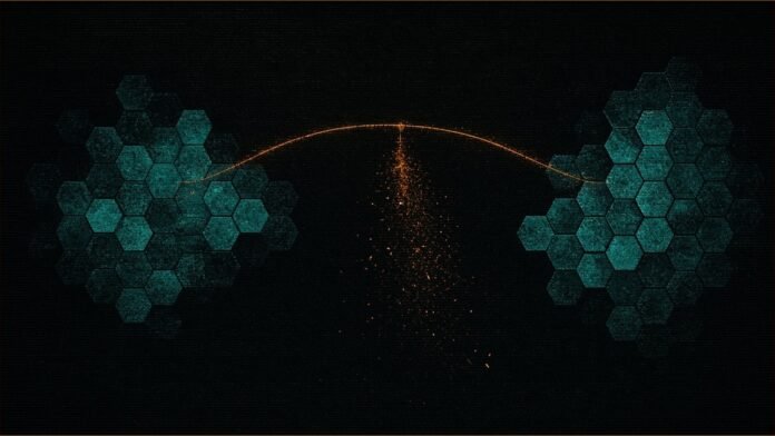 Illustration of two teal hexagon clusters joined by an amber arc that leaks scattering amber particles.