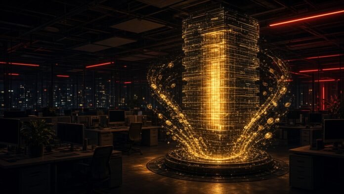 Glowing server racks towering over a small flat unlit upward arrow on a dark grid