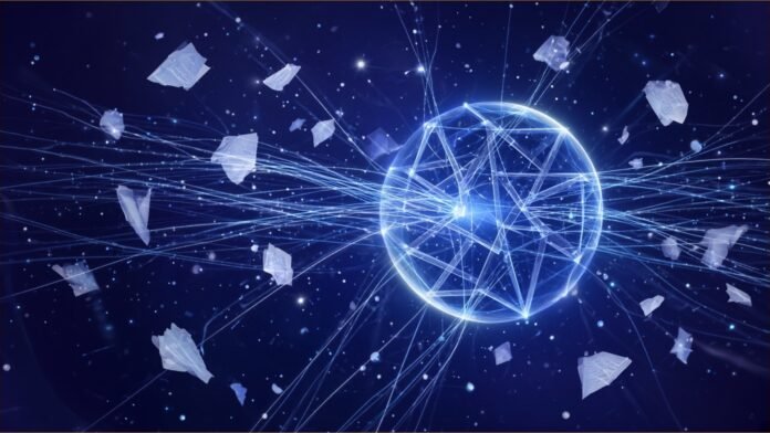 Illustration of floating document fragments drawn by luminous threads into a glowing central search sphere