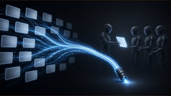 Illustration of video-call tiles turning into light threads that feed a team of robots passing a document