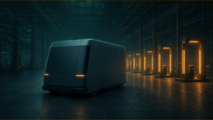 Zoox Leases 350,000 sq ft in Hayward for Robotaxis | TSN A boxy driverless vehicle inside a large warehouse with rows of glowing charging bays.